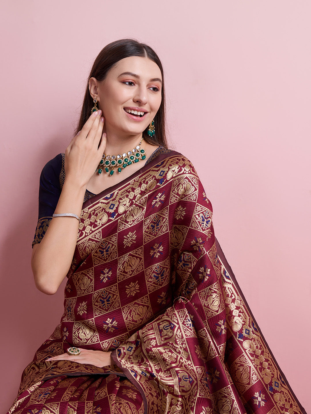 DrapeKatha Crimson Grace – Digital Print Banarasi Silk Blend Saree