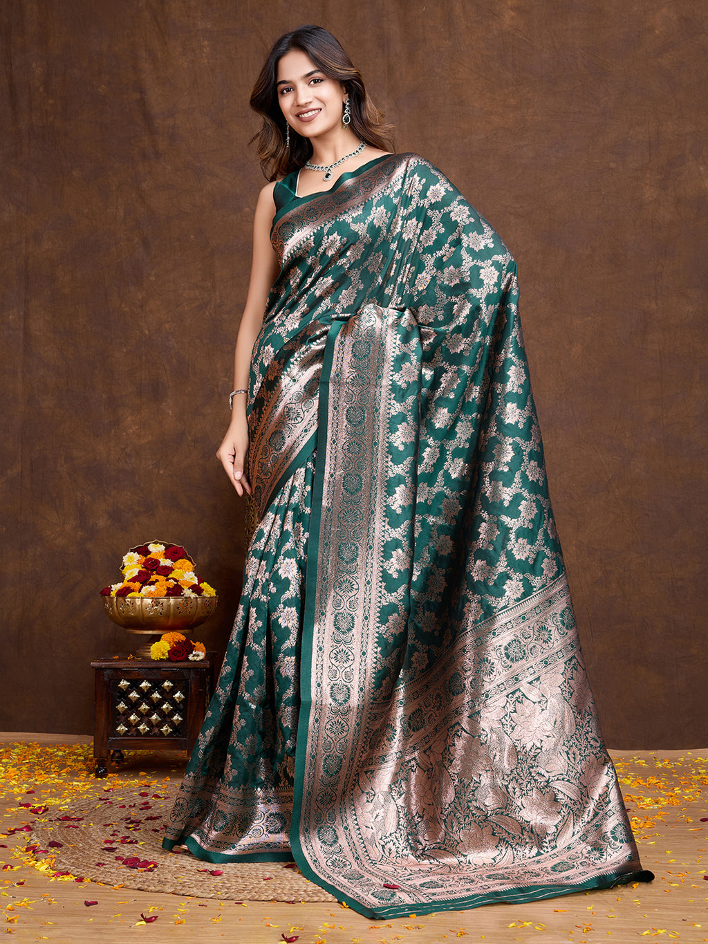 DrapeKatha Pine Elegance – Woven Bollywood Pure Silk Saree