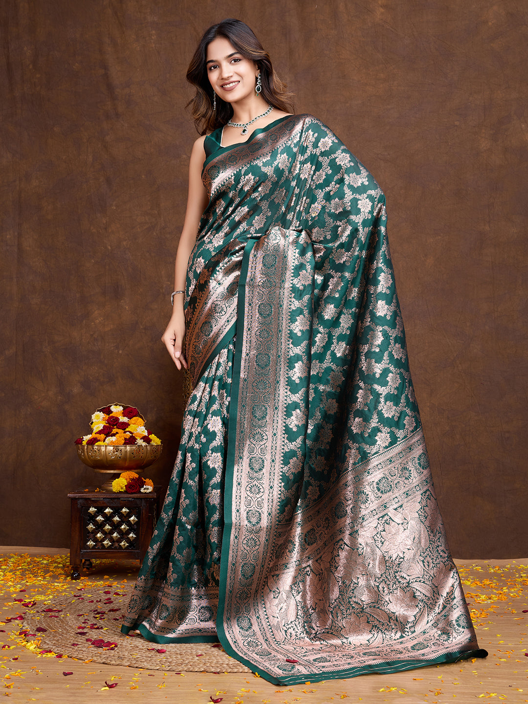 DrapeKatha Pine Elegance – Woven Bollywood Pure Silk Saree