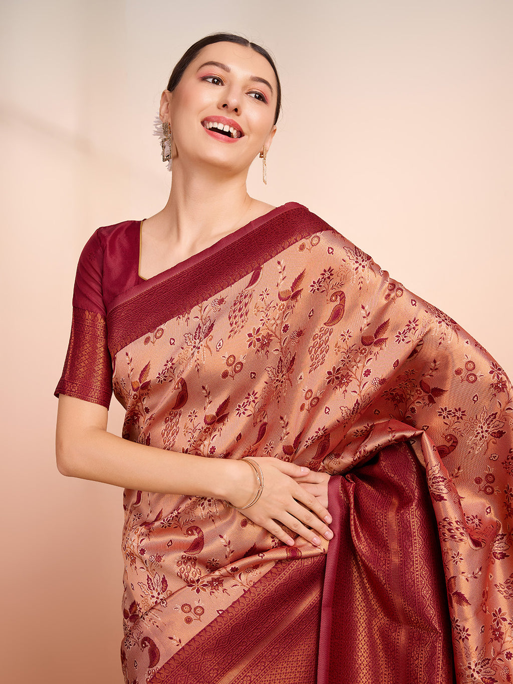DrapeKatha Pink Petal Weave – Woven Banarasi Pure Silk Saree
