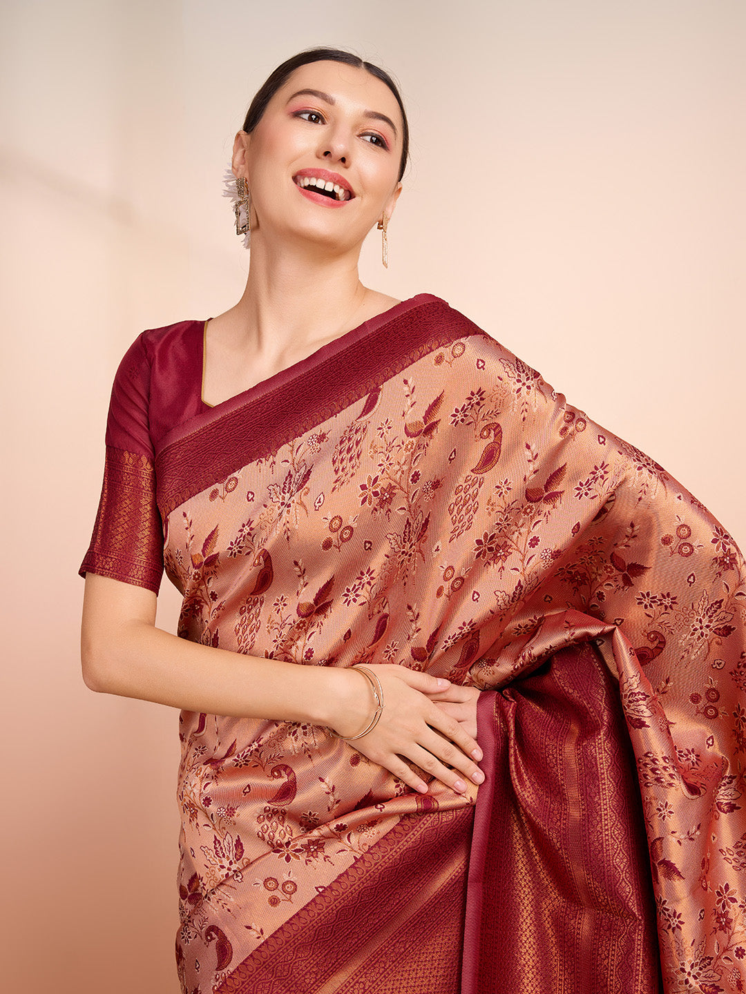DrapeKatha Pink Petal Weave – Woven Banarasi Pure Silk Saree