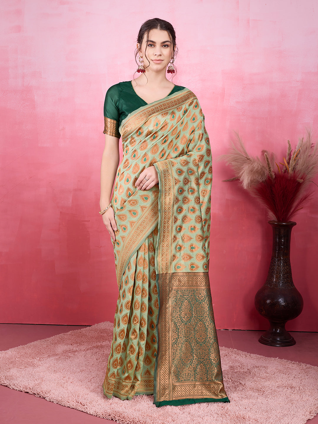DrapeKatha Emerald Envy – Woven Bollywood Pure Silk Saree (Dark Green)