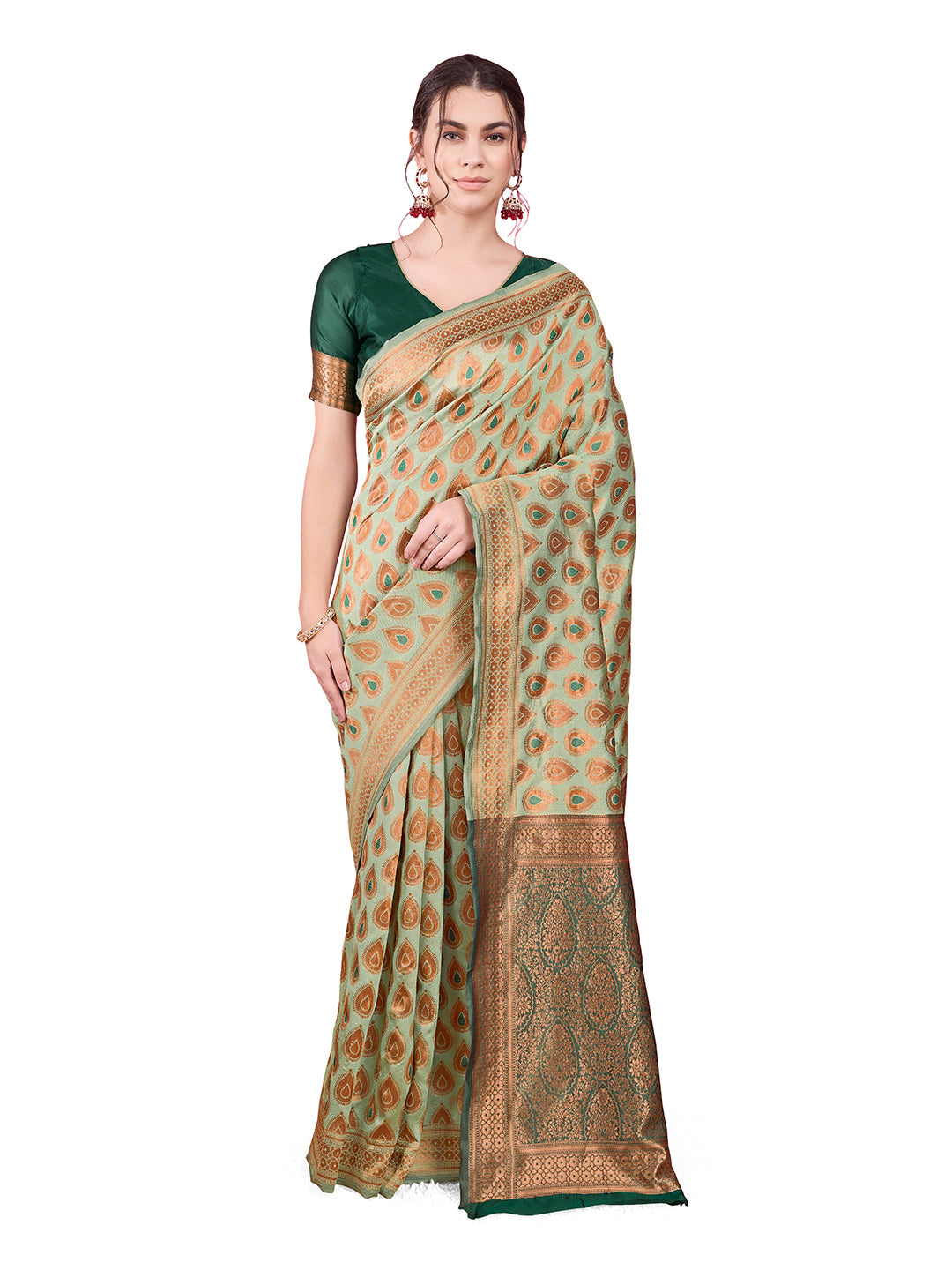 DrapeKatha Emerald Envy – Woven Bollywood Pure Silk Saree (Dark Green)