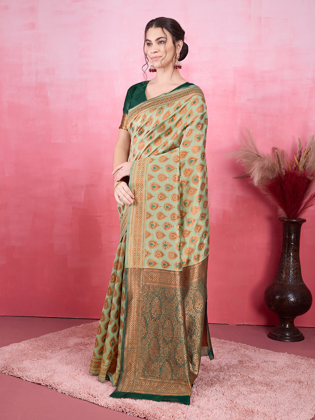 DrapeKatha Emerald Envy – Woven Bollywood Pure Silk Saree (Dark Green)