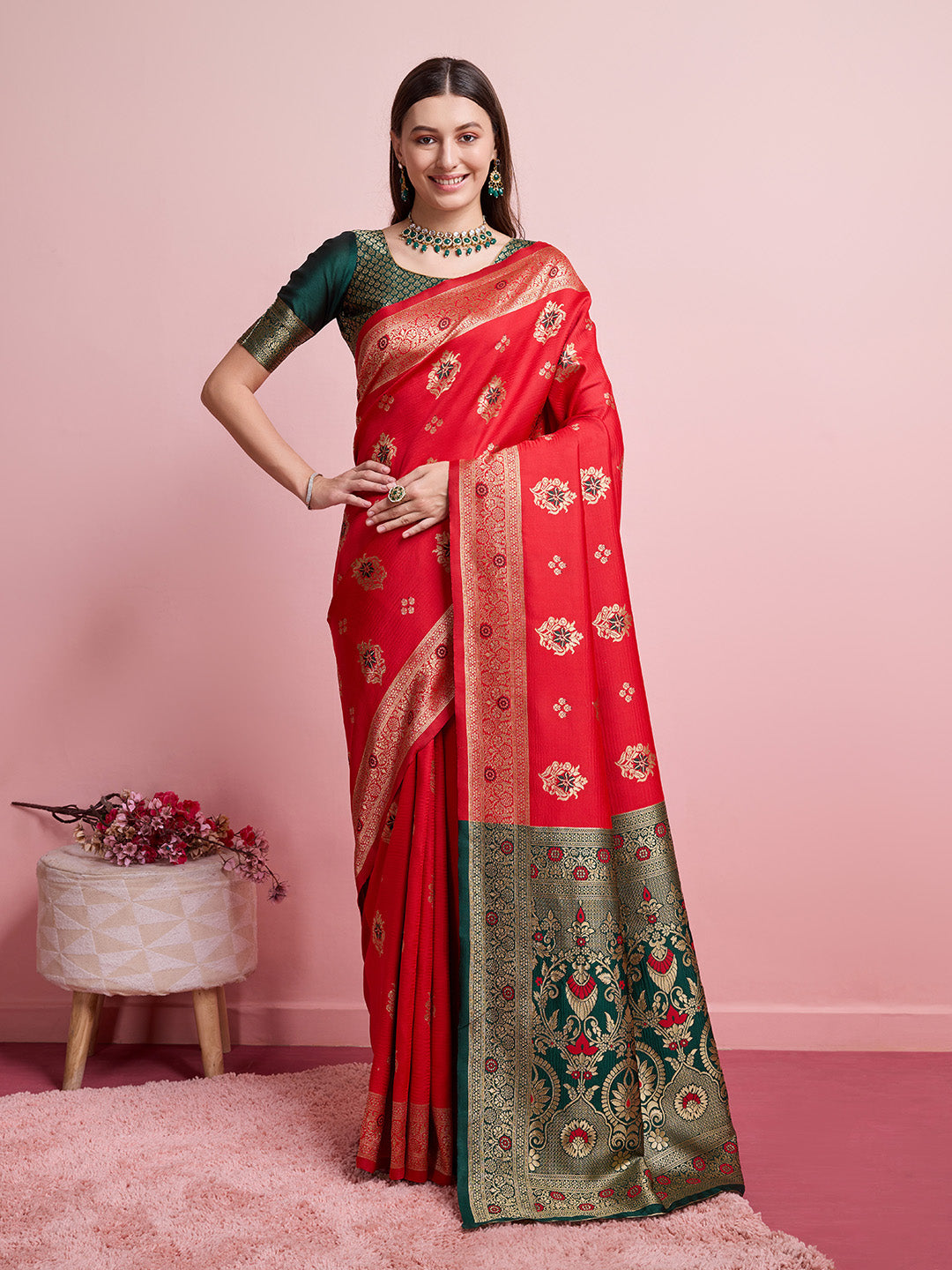 DrapeKatha Scarlet Sheen – Digital Print Banarasi Silk Blend Saree