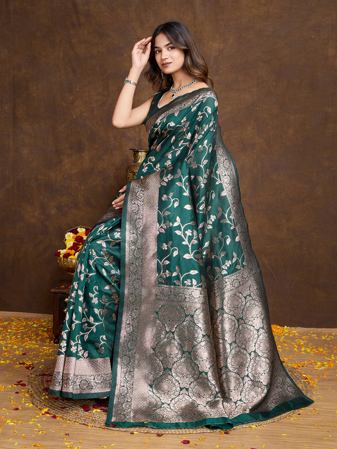 DrapeKatha Royal Fern – Woven Bollywood Pure Silk Saree