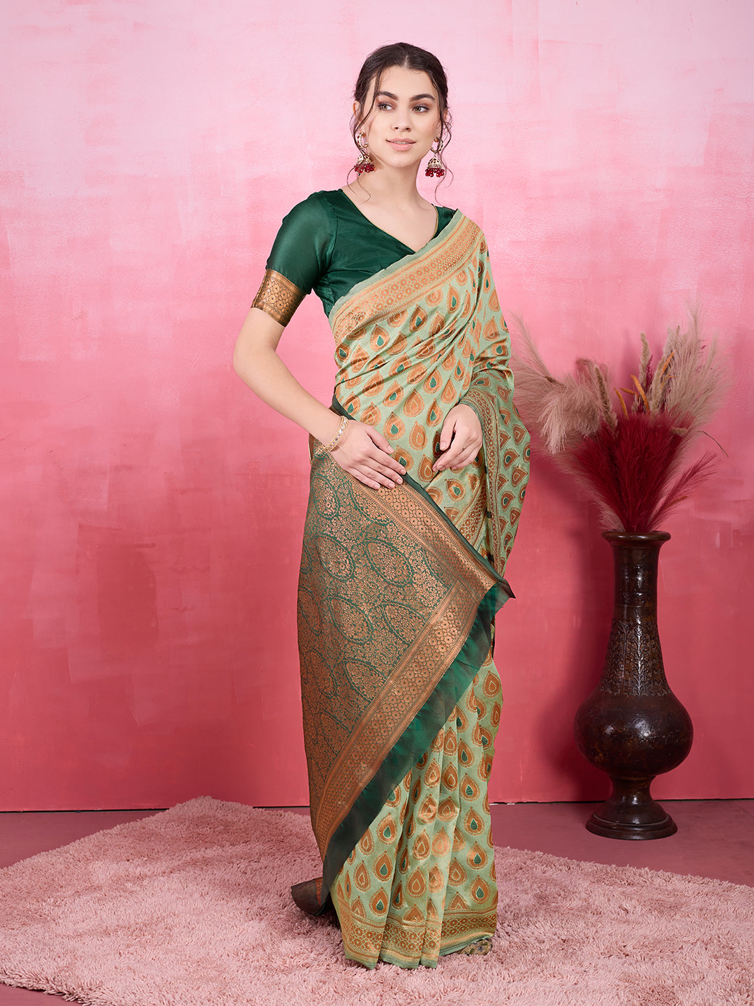 DrapeKatha Emerald Envy – Woven Bollywood Pure Silk Saree (Dark Green)