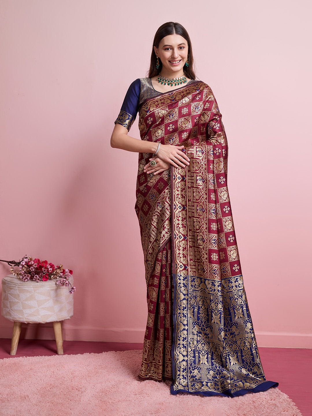 DrapeKatha Crimson Grace – Digital Print Banarasi Silk Blend Saree