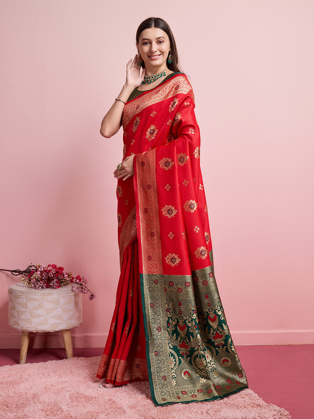 DrapeKatha Scarlet Sheen – Digital Print Banarasi Silk Blend Saree