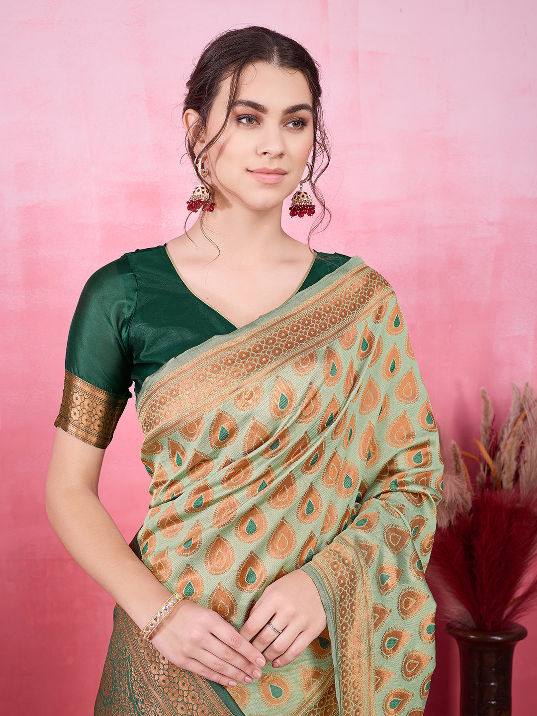 DrapeKatha Emerald Envy – Woven Bollywood Pure Silk Saree (Dark Green)