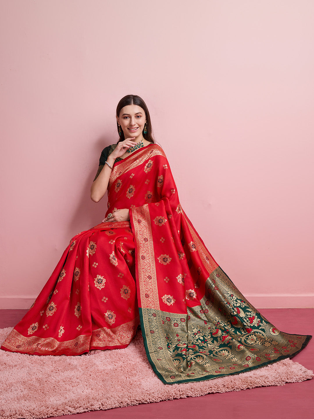 DrapeKatha Scarlet Sheen – Digital Print Banarasi Silk Blend Saree