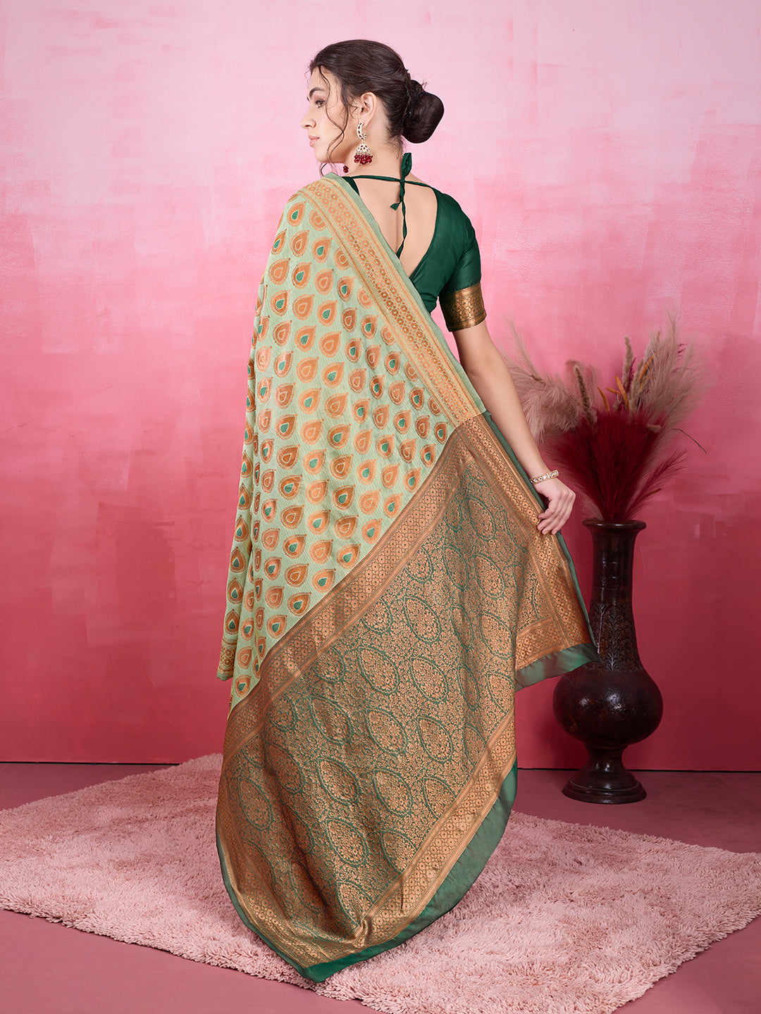 DrapeKatha Emerald Envy – Woven Bollywood Pure Silk Saree (Dark Green)