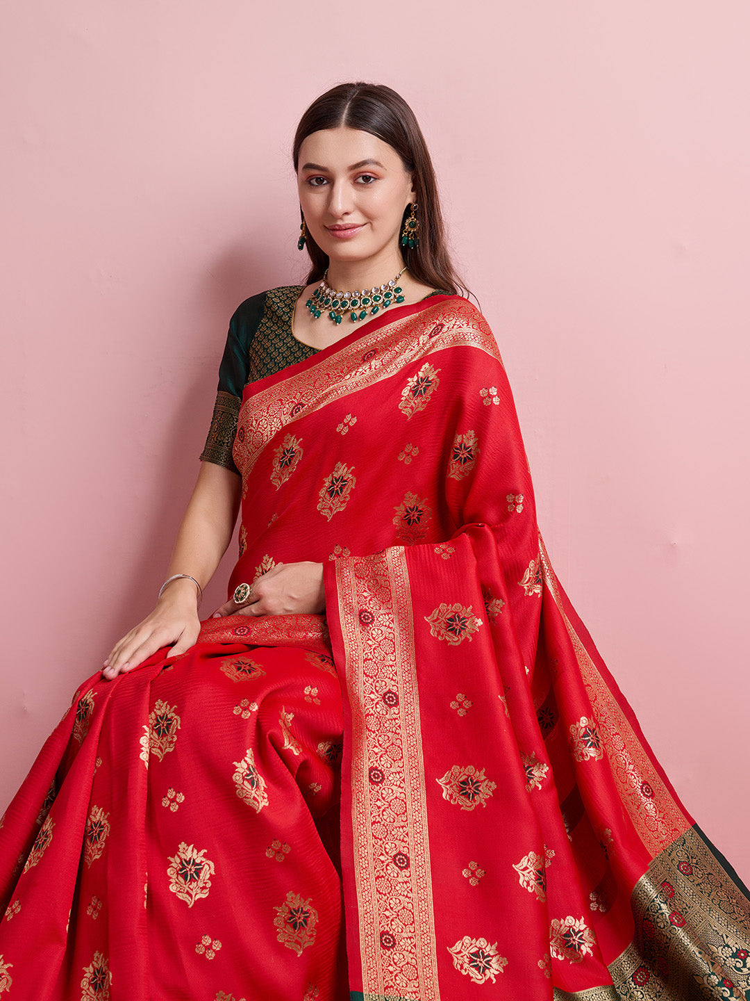 DrapeKatha Scarlet Sheen – Digital Print Banarasi Silk Blend Saree