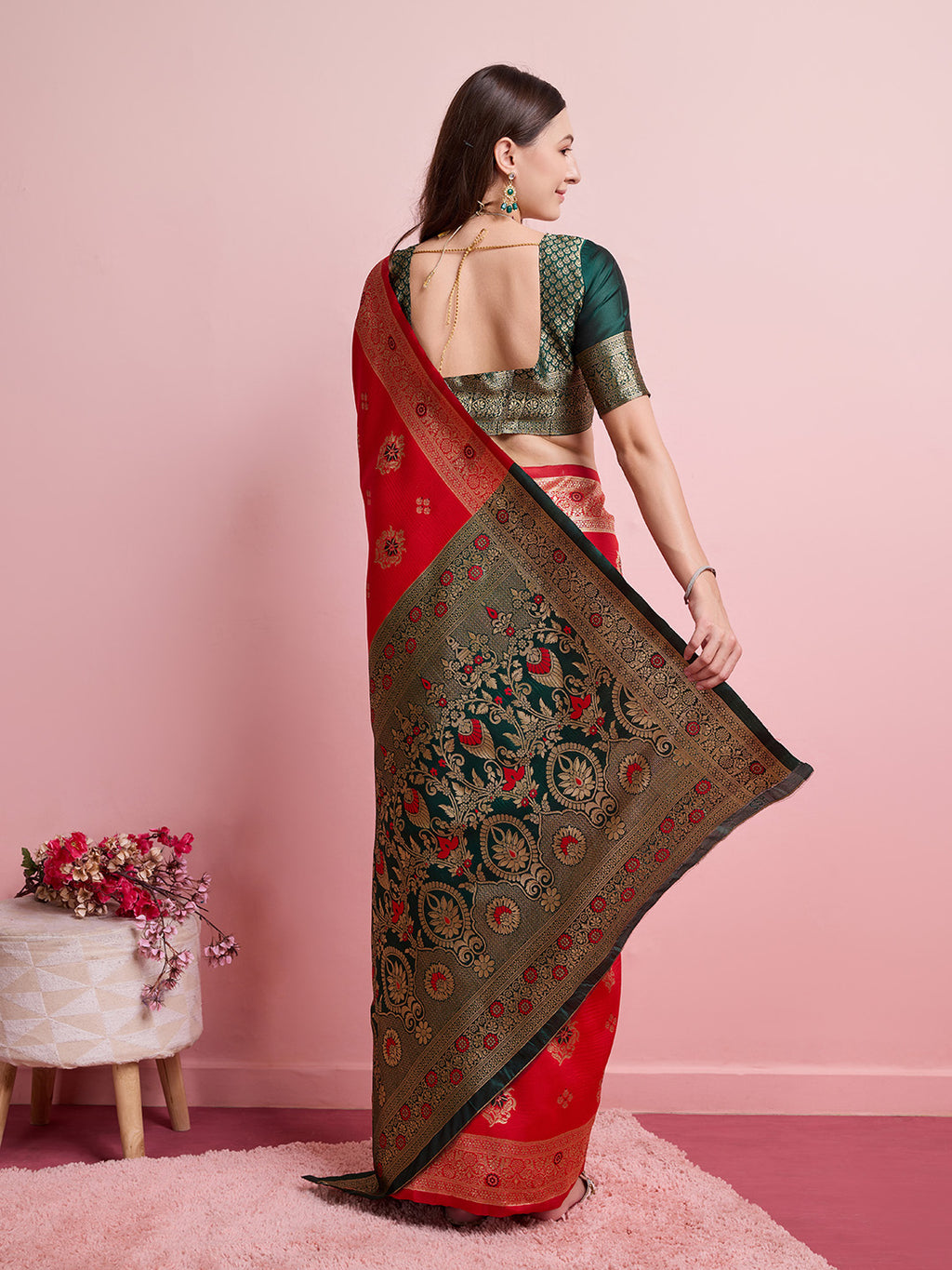 DrapeKatha Scarlet Sheen – Digital Print Banarasi Silk Blend Saree