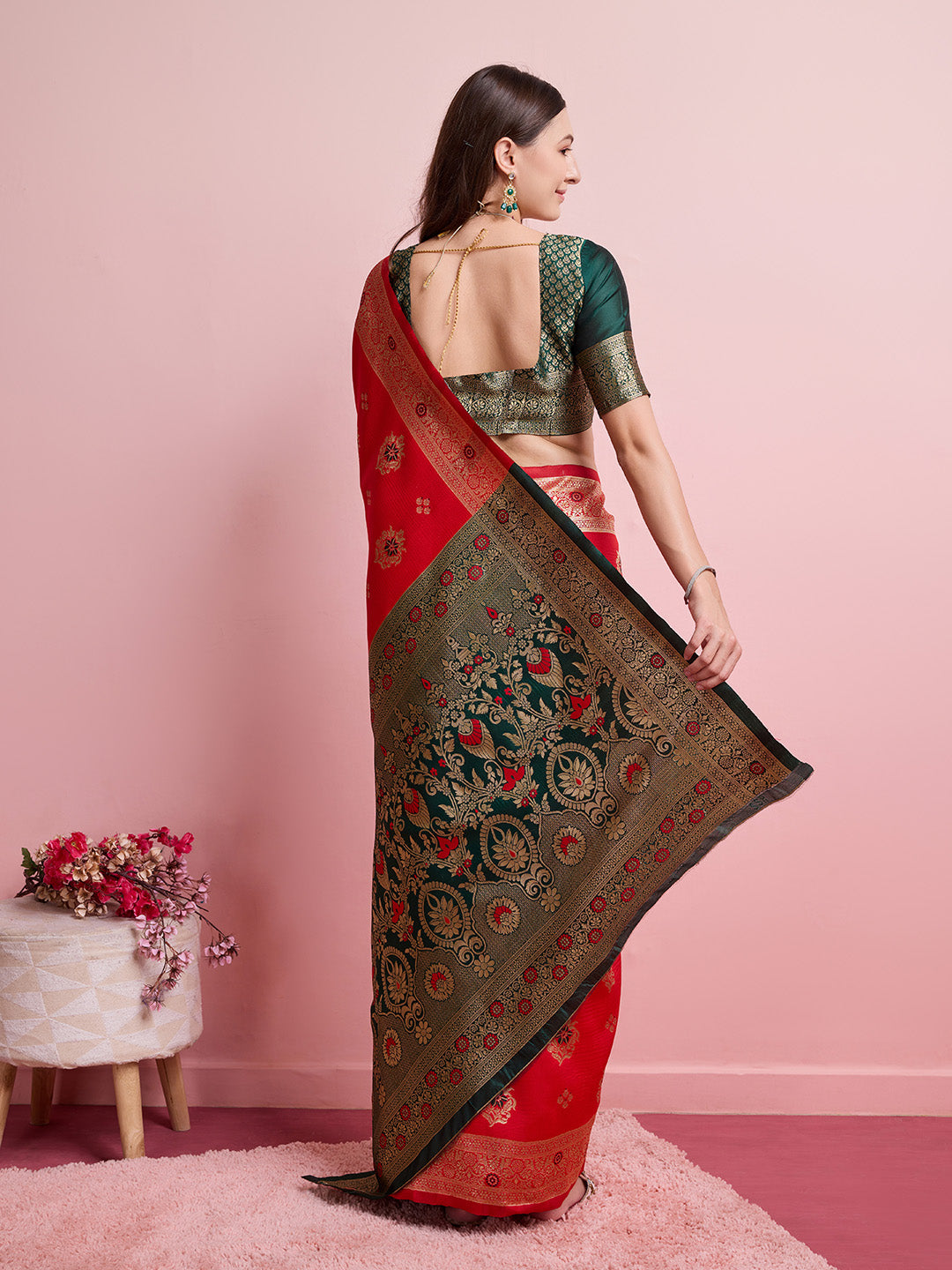 DrapeKatha Scarlet Sheen – Digital Print Banarasi Silk Blend Saree