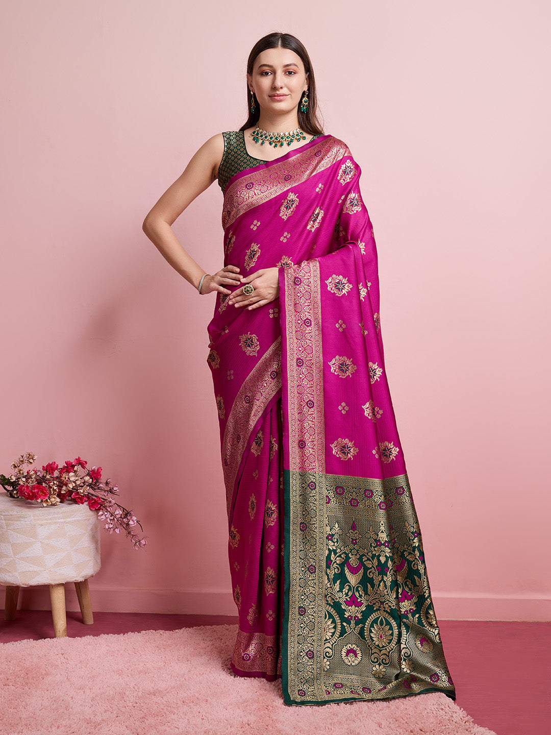 DrapeKatha Gulab Gatha – Digital Print Banarasi Silk Blend Saree