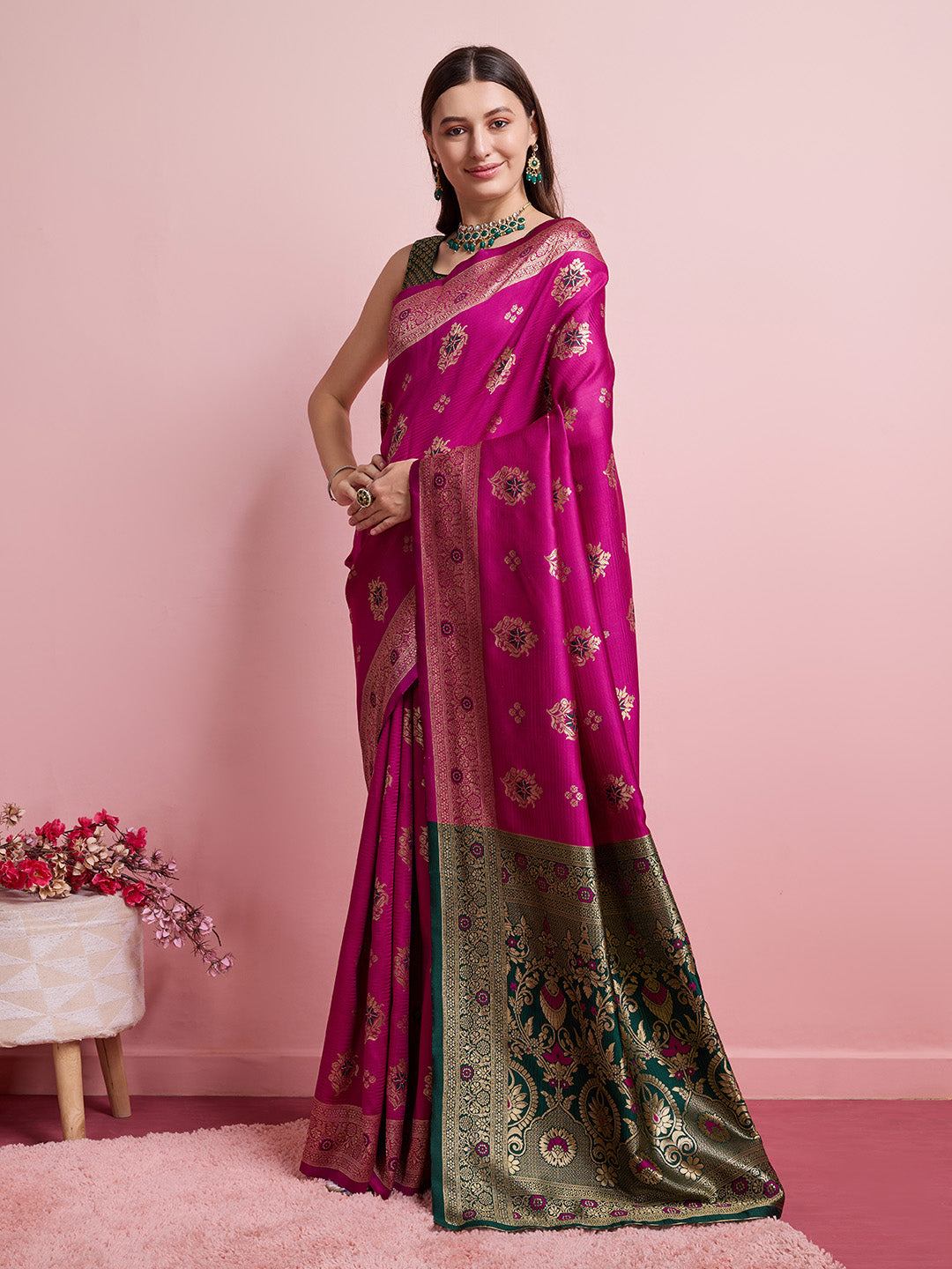 DrapeKatha Gulab Gatha – Digital Print Banarasi Silk Blend Saree