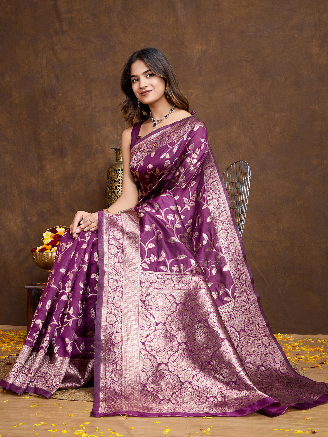 DrapeKatha Royal Plum – Woven Bollywood Pure Silk Saree