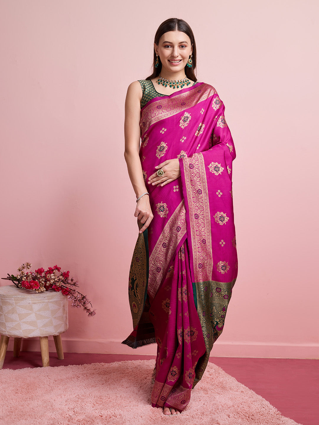 DrapeKatha Gulab Gatha – Digital Print Banarasi Silk Blend Saree