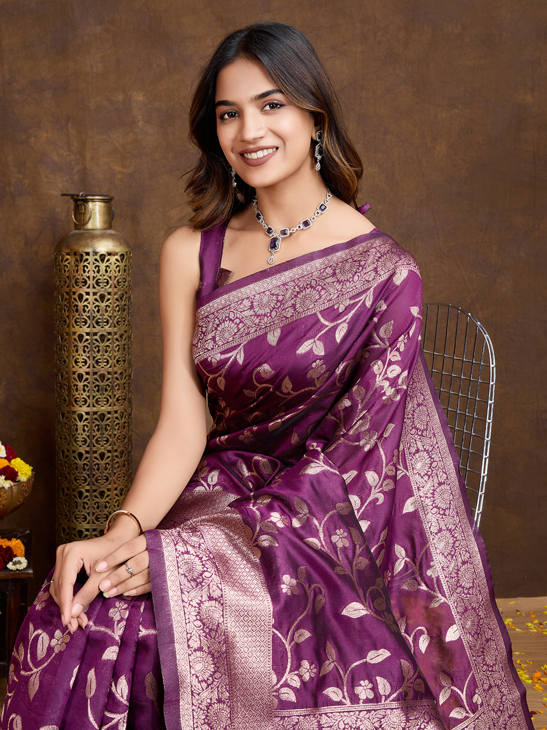 DrapeKatha Royal Plum – Woven Bollywood Pure Silk Saree