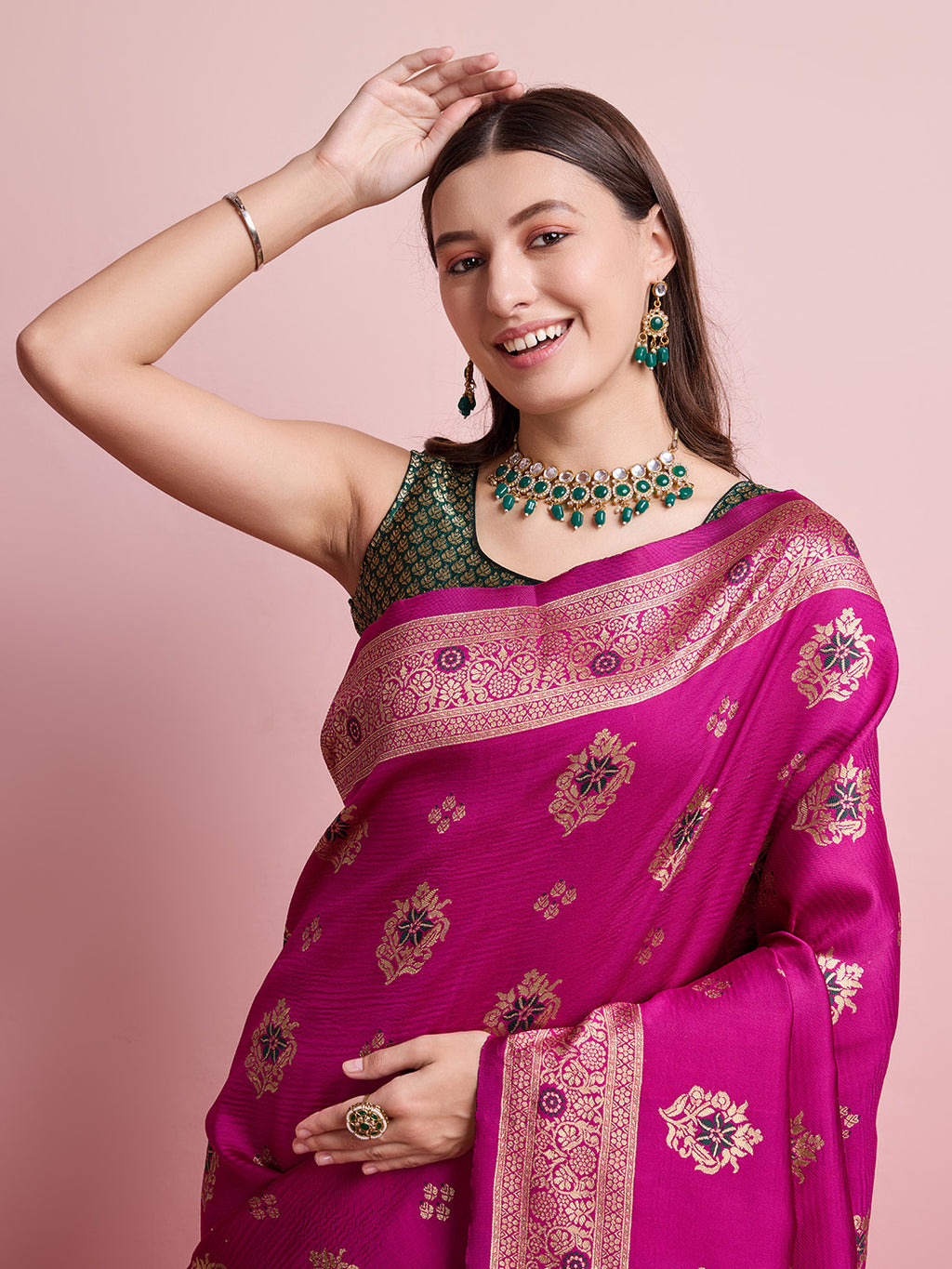 DrapeKatha Gulab Gatha – Digital Print Banarasi Silk Blend Saree