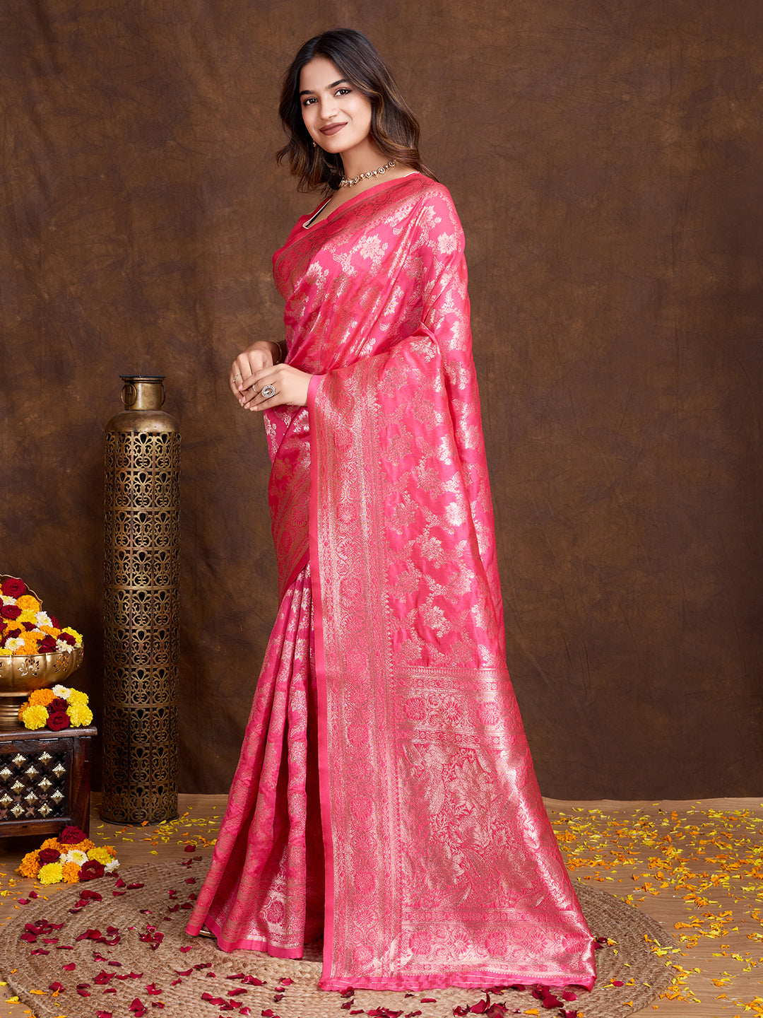 DrapeKatha Rosé Radiance – Woven Bollywood Pure Silk Saree
