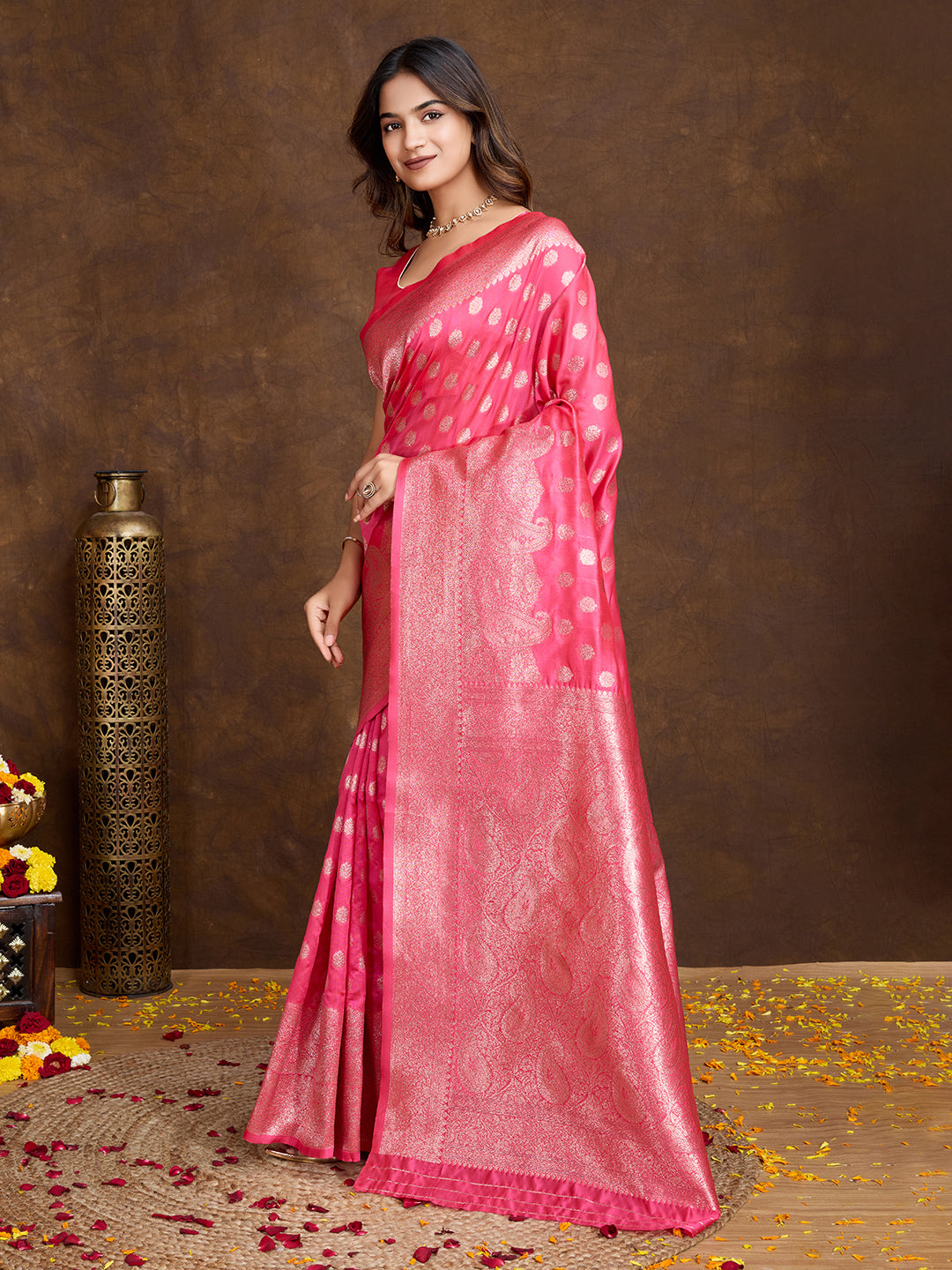 DrapeKatha Rose Charm – Woven Bollywood Pure Silk Saree