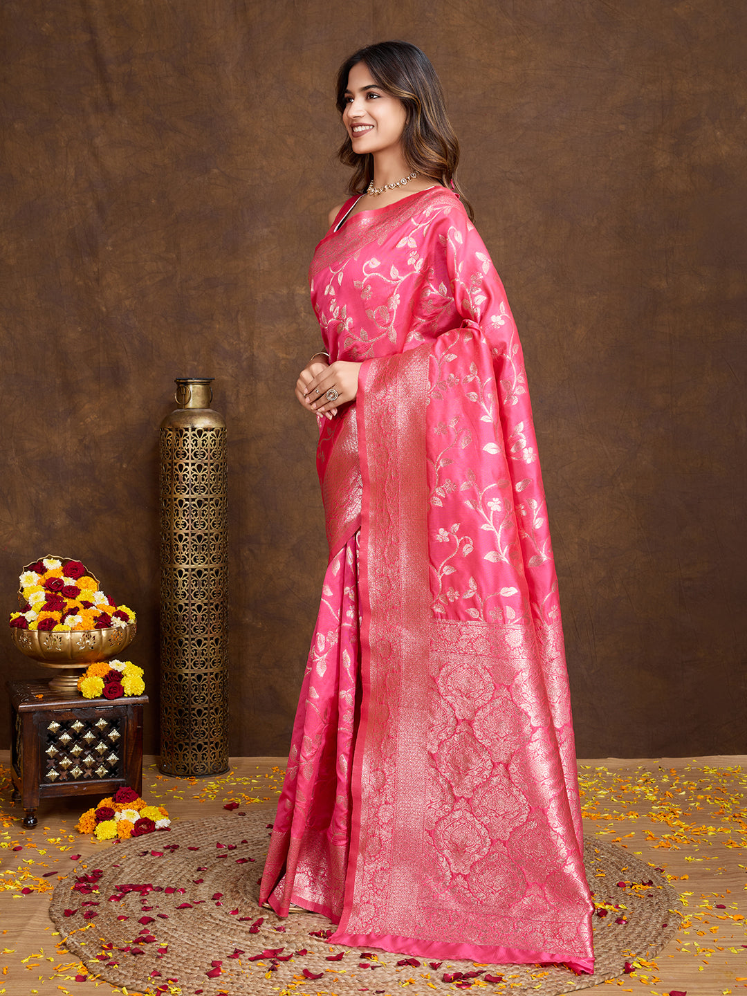 DrapeKatha Blush Bloom – Woven Bollywood Pure Silk Saree