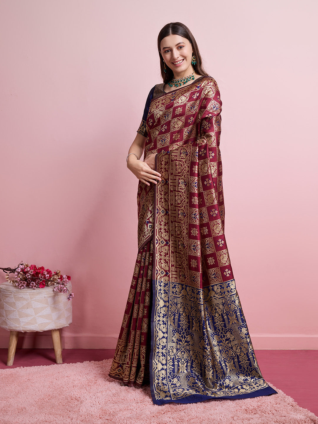 DrapeKatha Crimson Grace – Digital Print Banarasi Silk Blend Saree