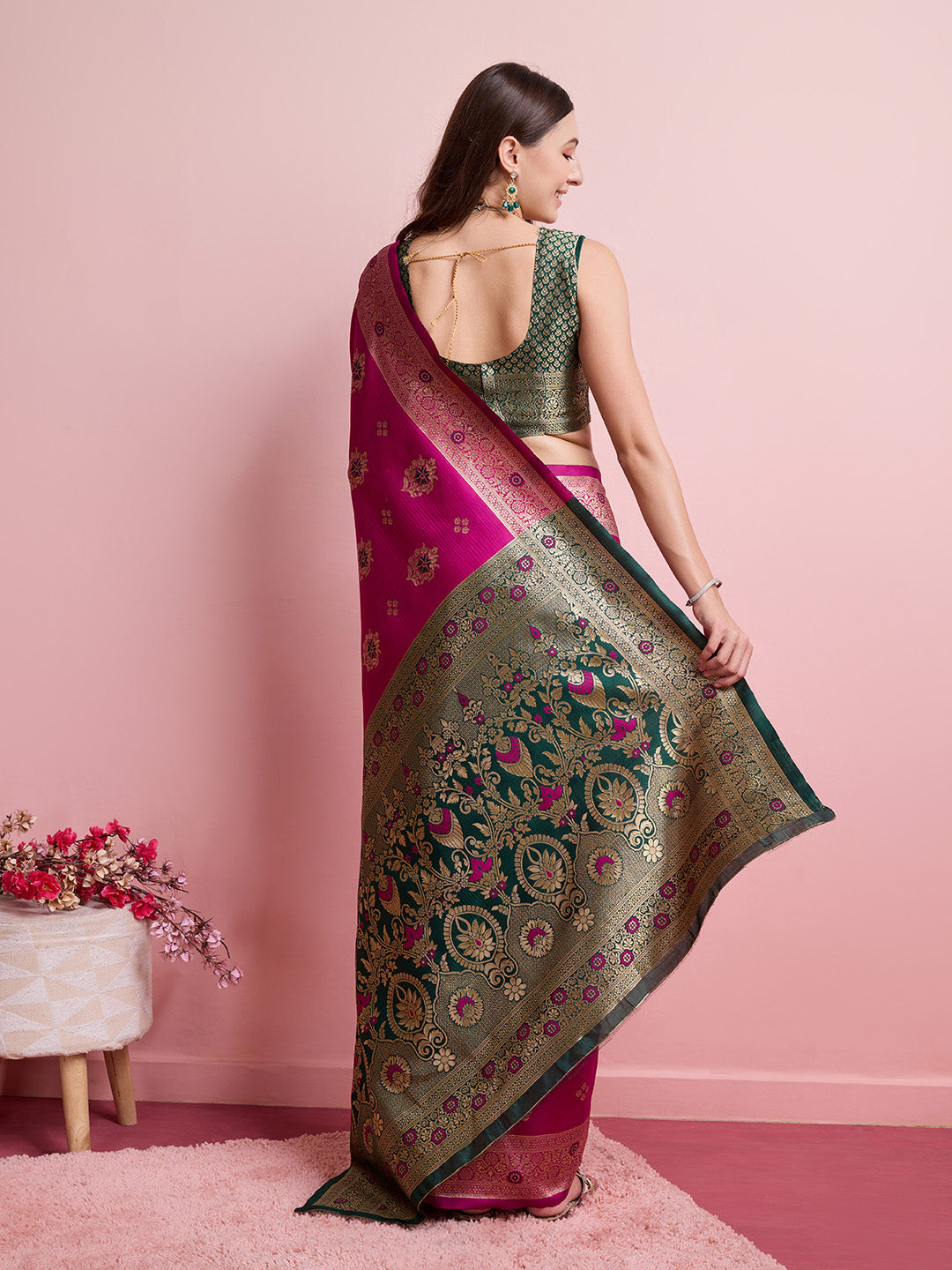 DrapeKatha Gulab Gatha – Digital Print Banarasi Silk Blend Saree