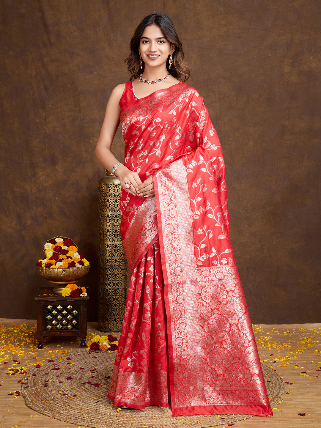 DrapeKatha Scarlet Spark – Woven Bollywood Pure Silk Saree