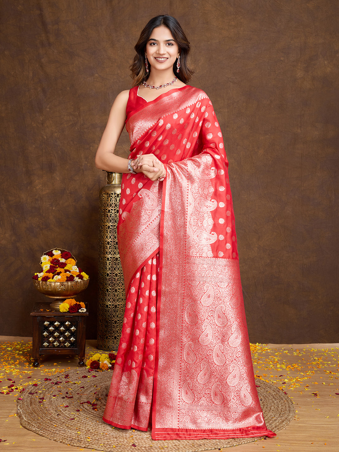 DrapeKatha Ruby Bloom – Woven Bollywood Pure Silk Saree
