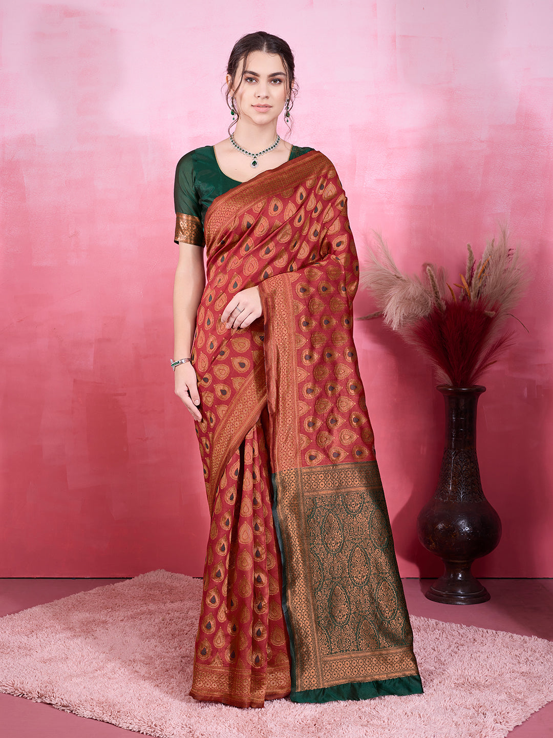 DrapeKatha Crimson Royale – Woven Bollywood Pure Silk Saree