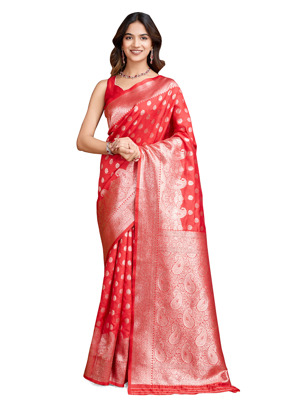 DrapeKatha Ruby Bloom – Woven Bollywood Pure Silk Saree