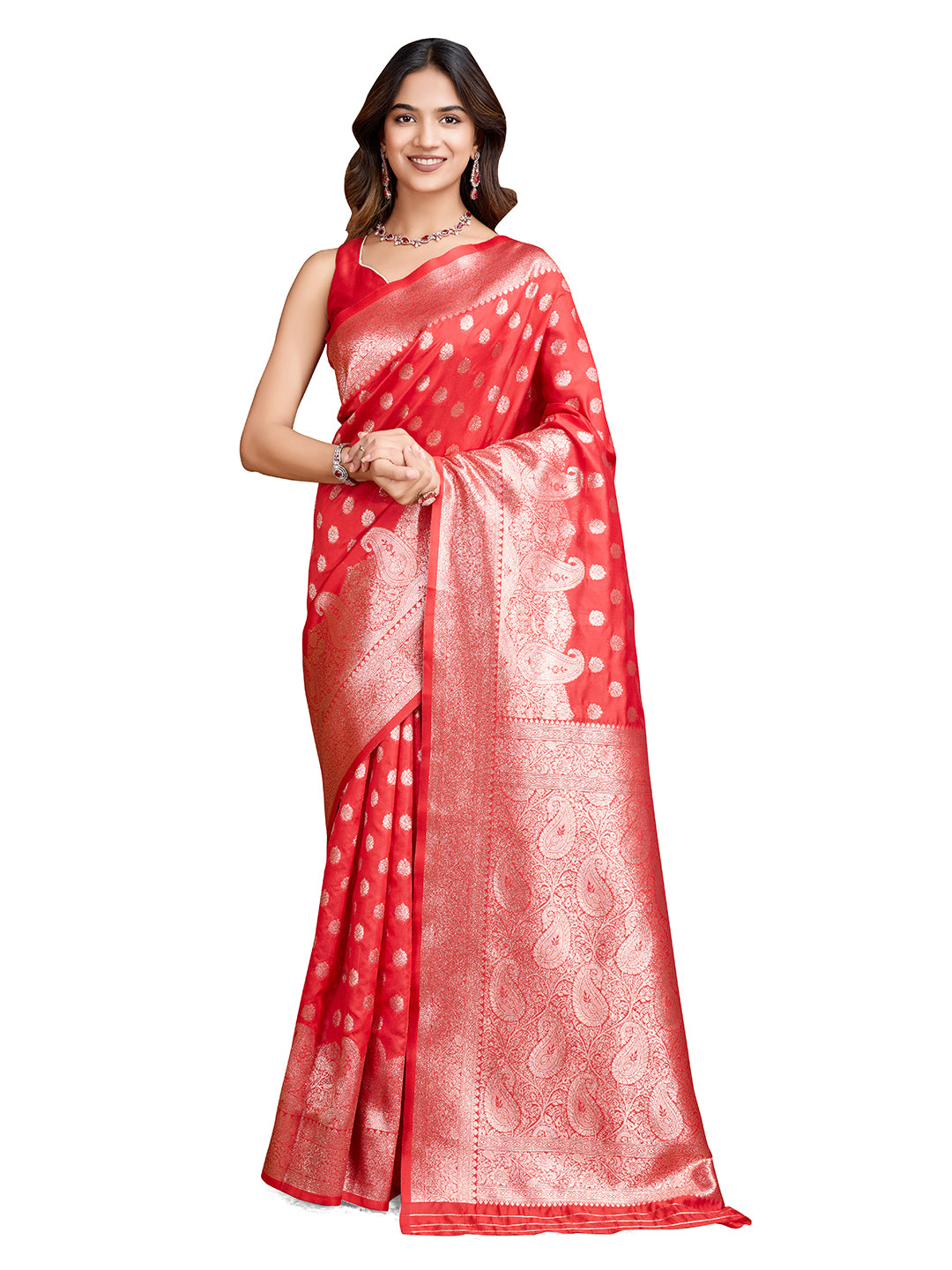 DrapeKatha Ruby Bloom – Woven Bollywood Pure Silk Saree