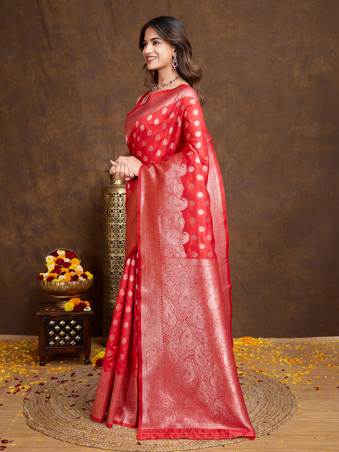 DrapeKatha Ruby Bloom – Woven Bollywood Pure Silk Saree