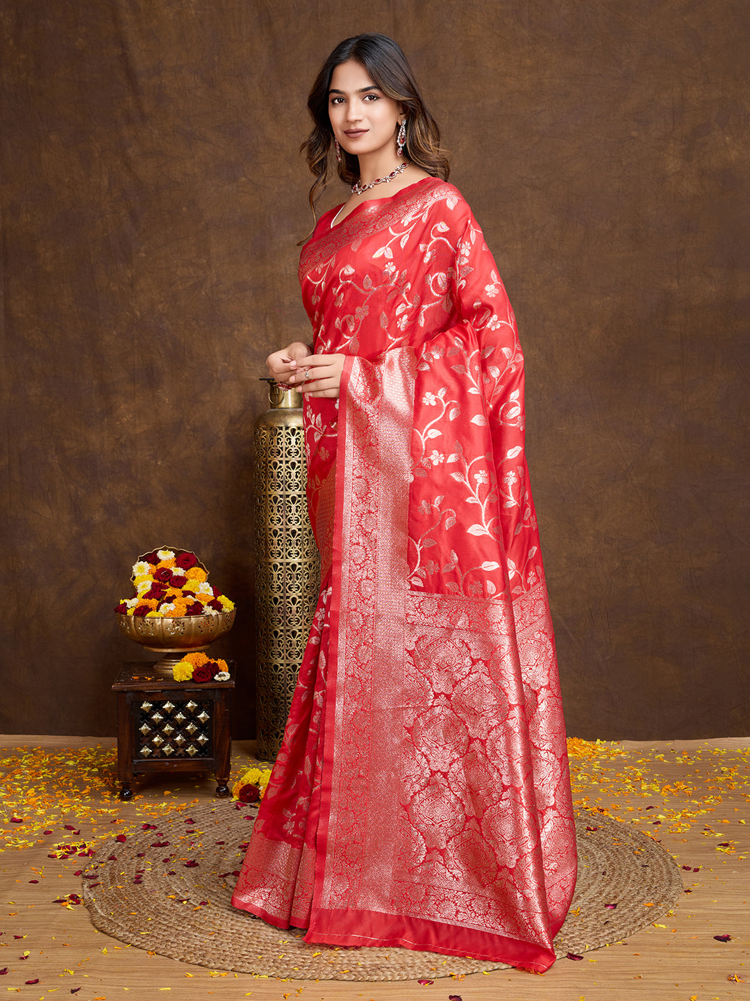 DrapeKatha Scarlet Spark – Woven Bollywood Pure Silk Saree