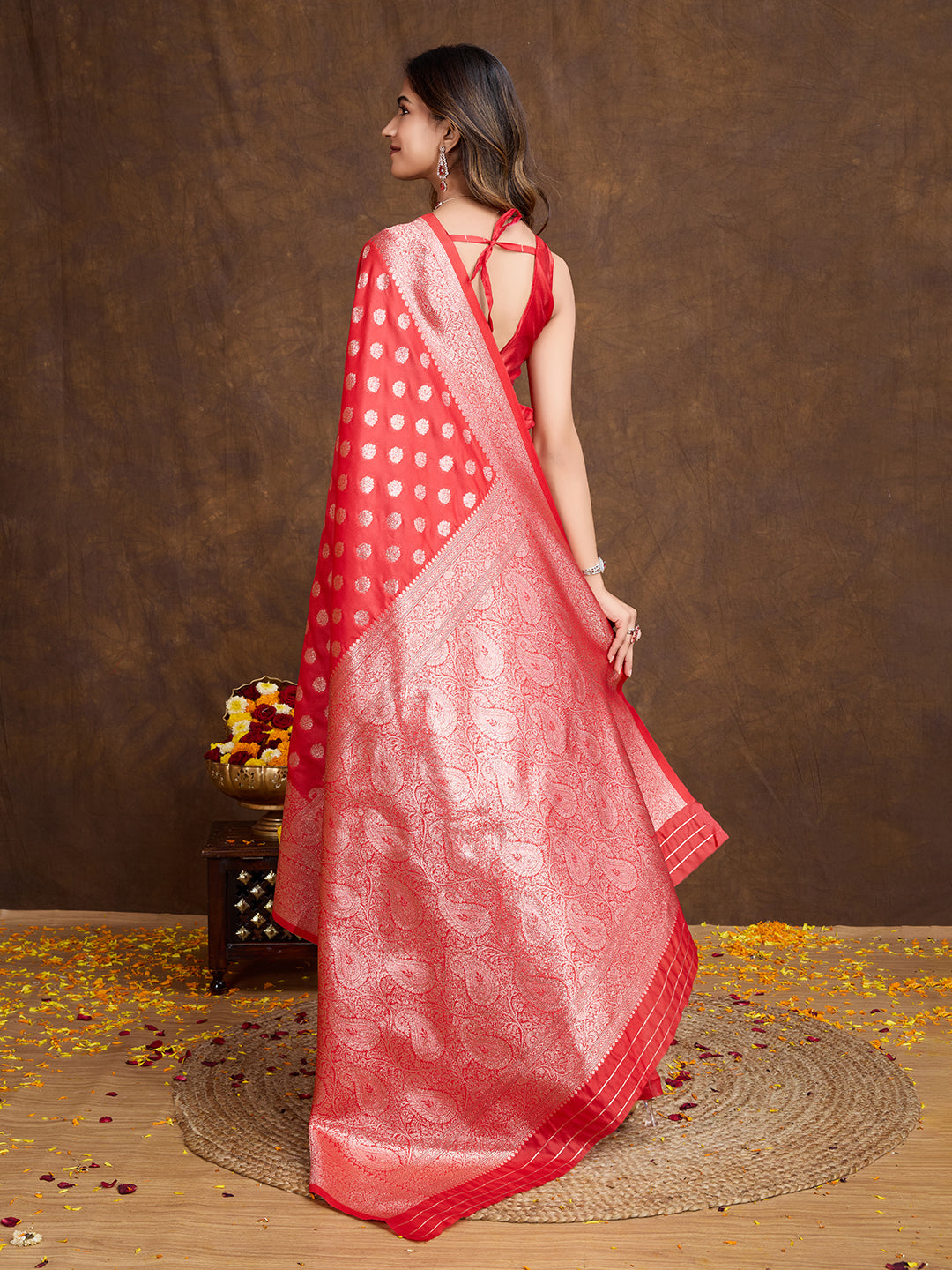DrapeKatha Ruby Bloom – Woven Bollywood Pure Silk Saree