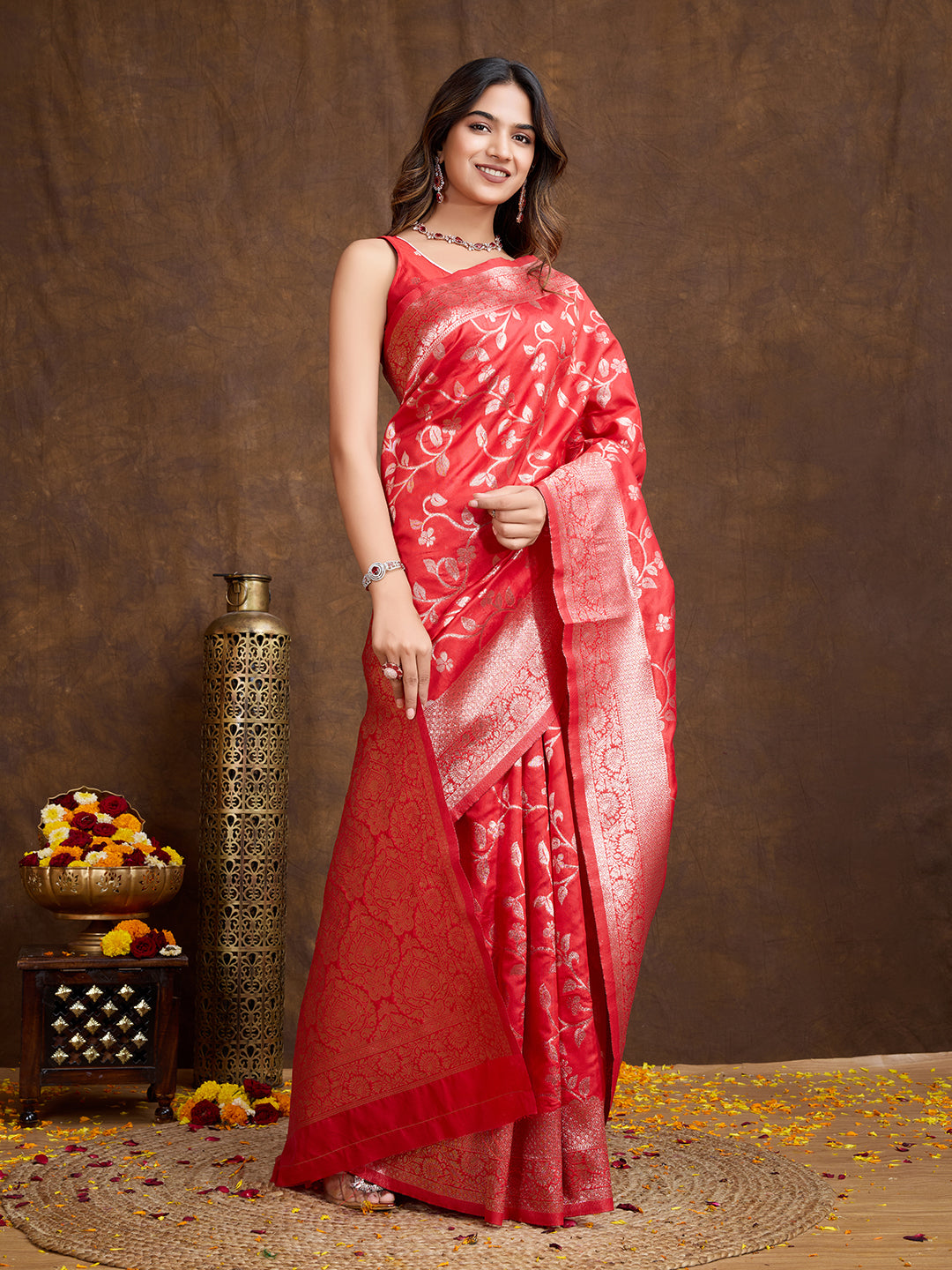 DrapeKatha Scarlet Spark – Woven Bollywood Pure Silk Saree