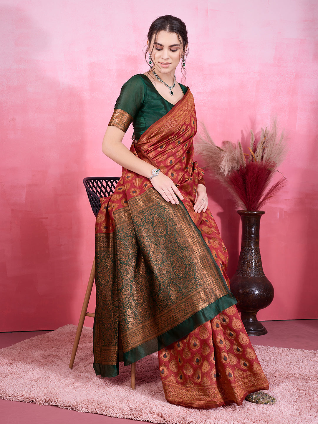 DrapeKatha Crimson Royale – Woven Bollywood Pure Silk Saree