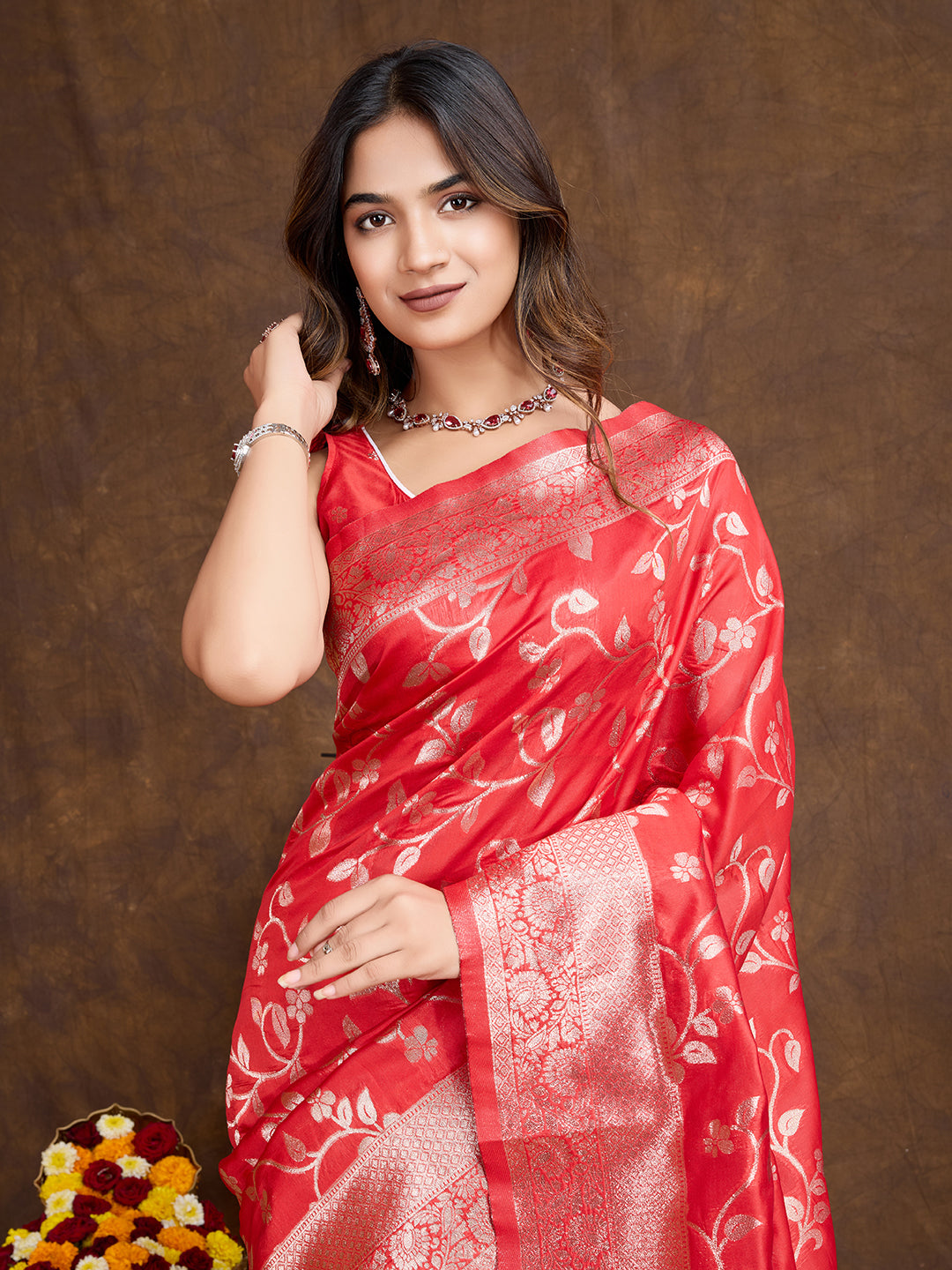 DrapeKatha Scarlet Spark – Woven Bollywood Pure Silk Saree