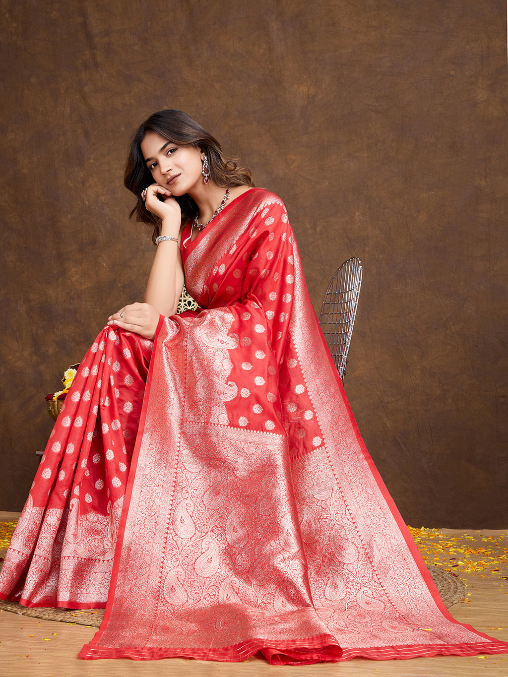 DrapeKatha Ruby Bloom – Woven Bollywood Pure Silk Saree