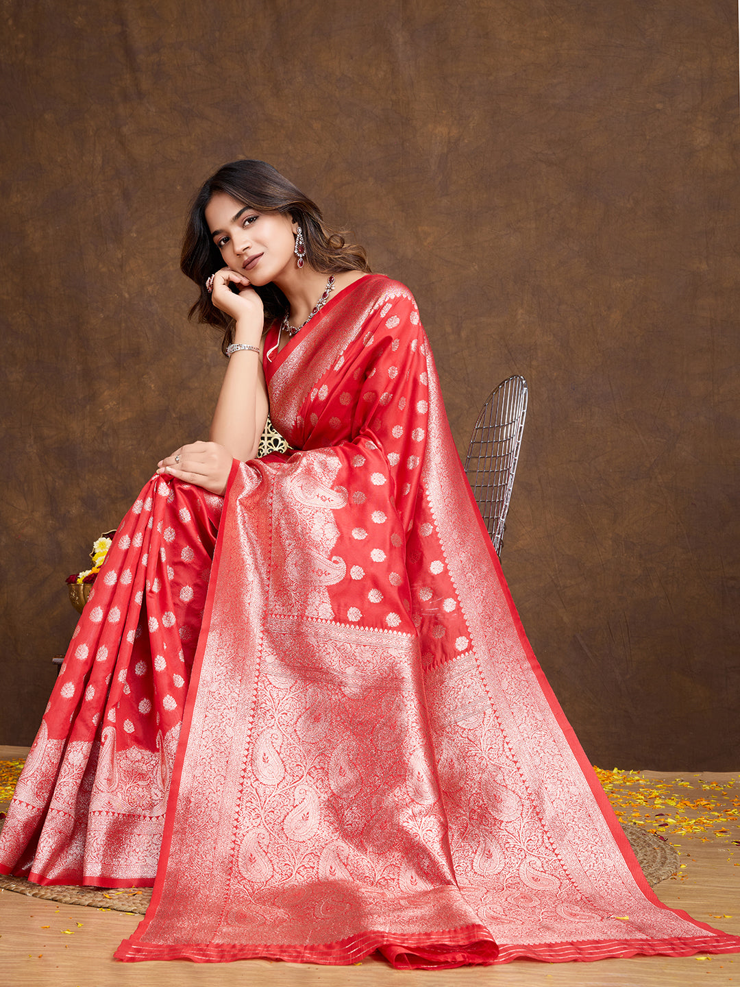DrapeKatha Ruby Bloom – Woven Bollywood Pure Silk Saree