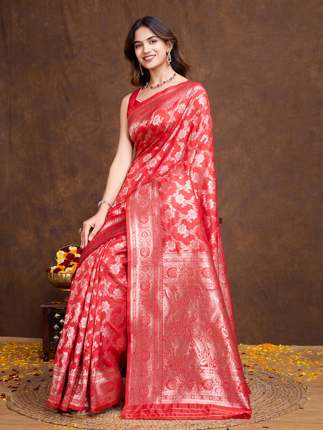 DrapeKatha Vermilion Glitz – Woven Bollywood Pure Silk Saree