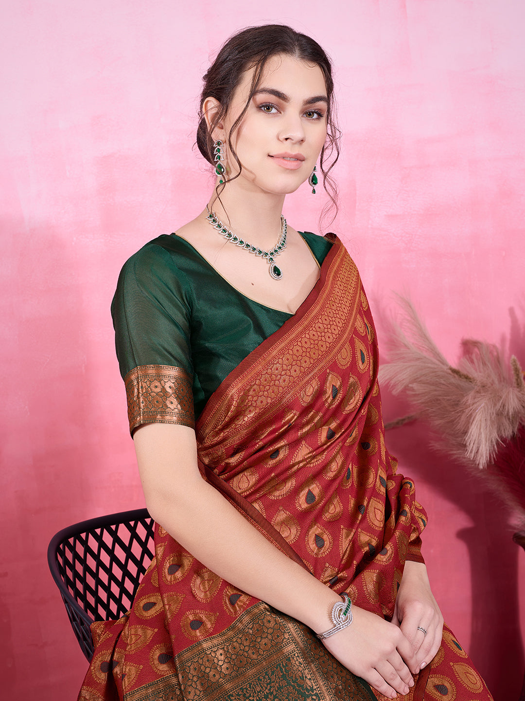DrapeKatha Crimson Royale – Woven Bollywood Pure Silk Saree