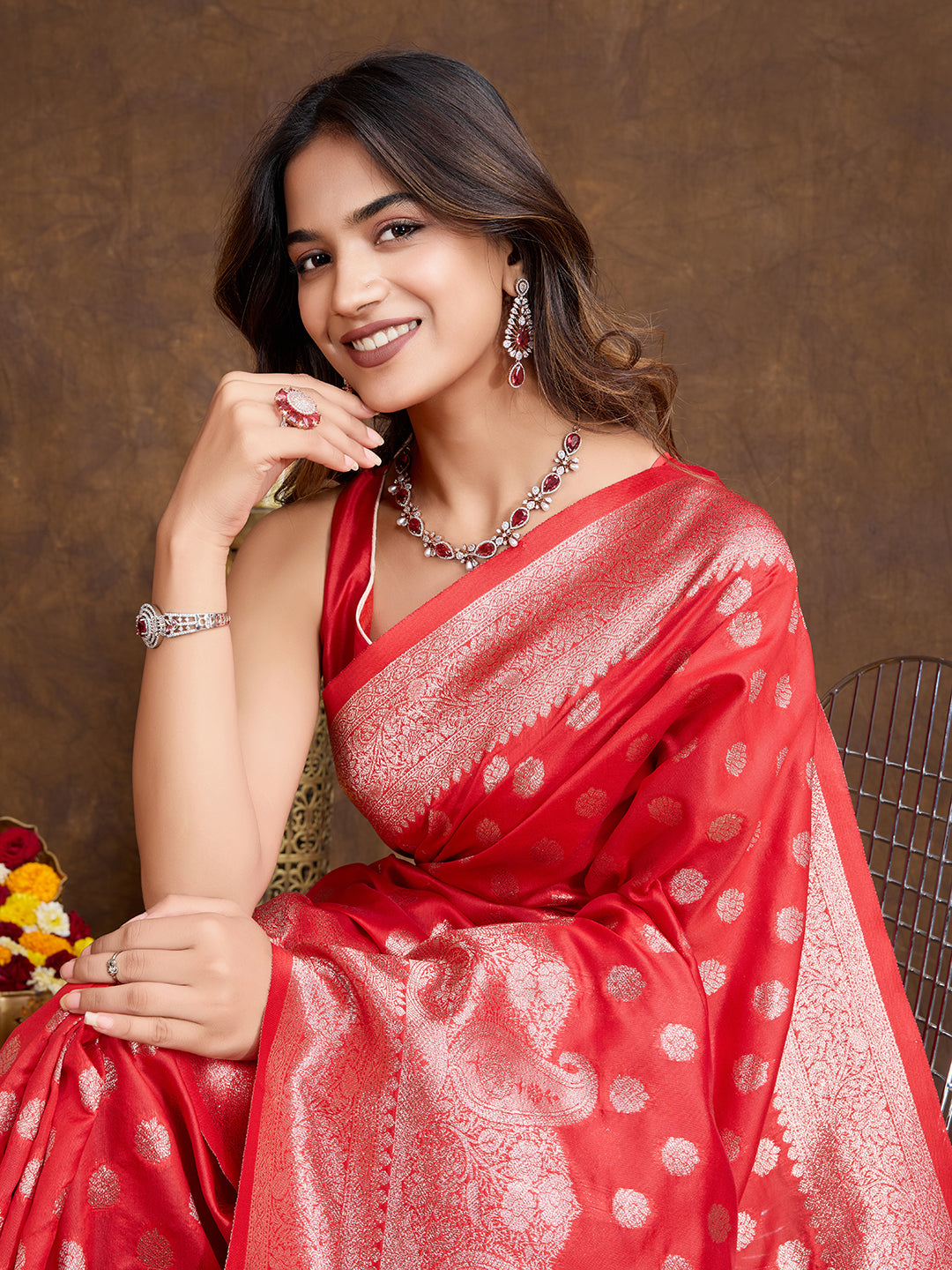 DrapeKatha Ruby Bloom – Woven Bollywood Pure Silk Saree