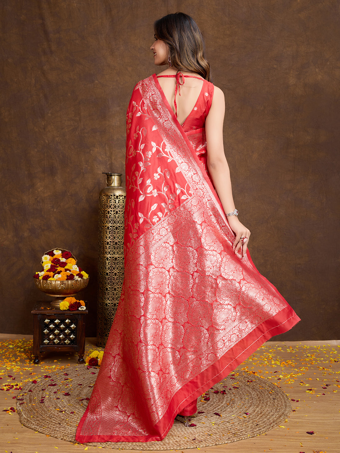 DrapeKatha Scarlet Spark – Woven Bollywood Pure Silk Saree