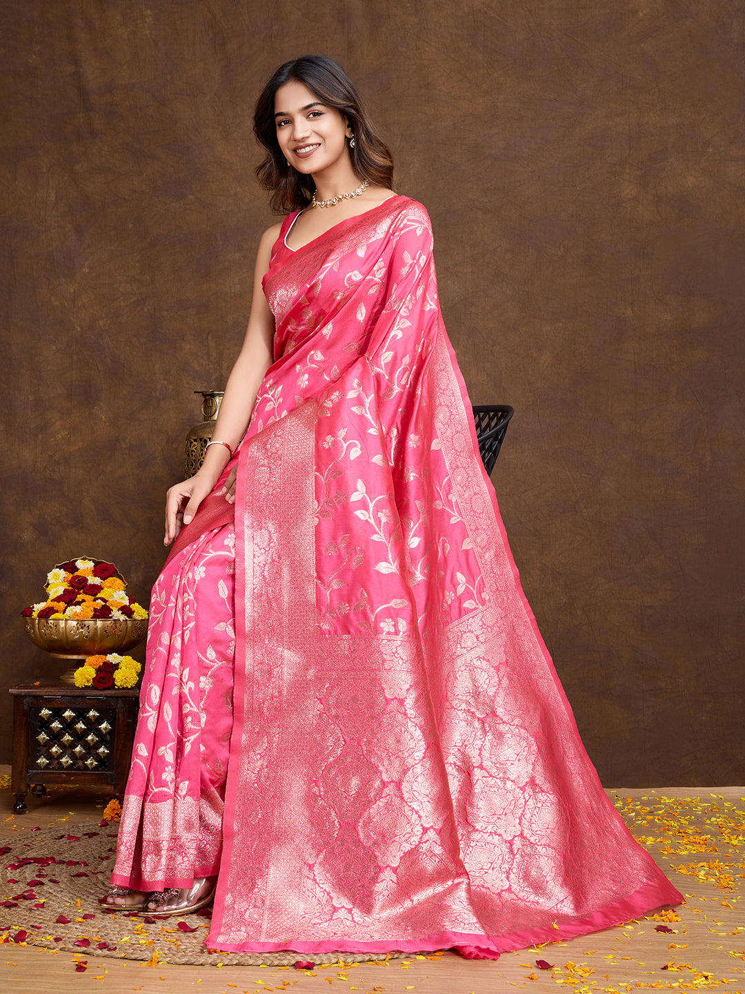 DrapeKatha Blush Bloom – Woven Bollywood Pure Silk Saree