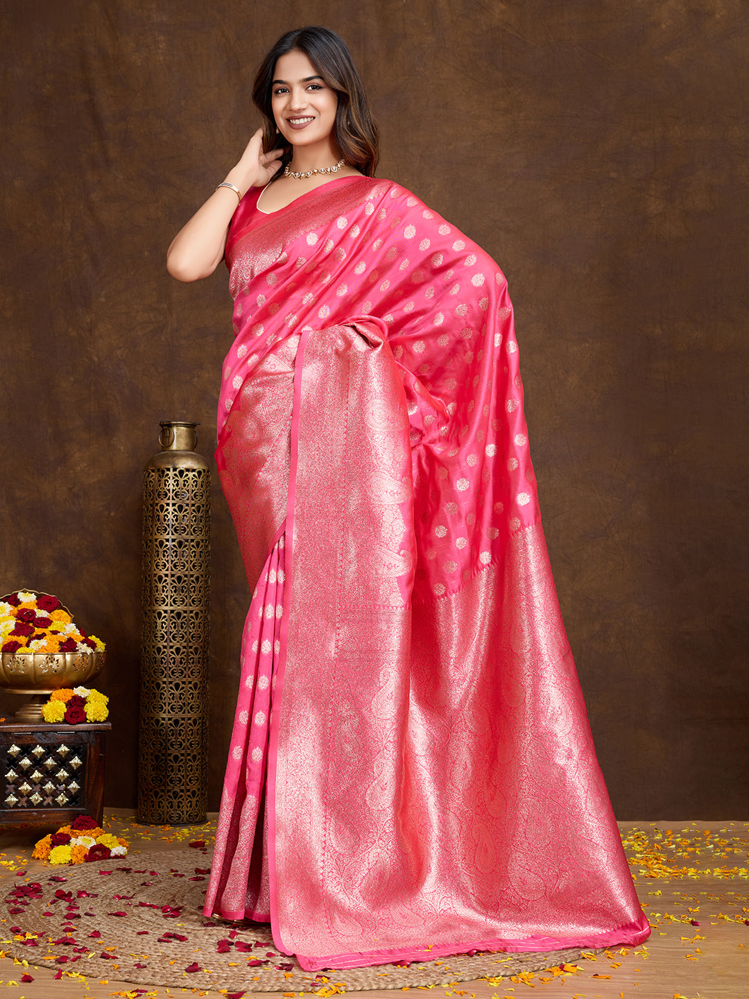DrapeKatha Rose Charm – Woven Bollywood Pure Silk Saree