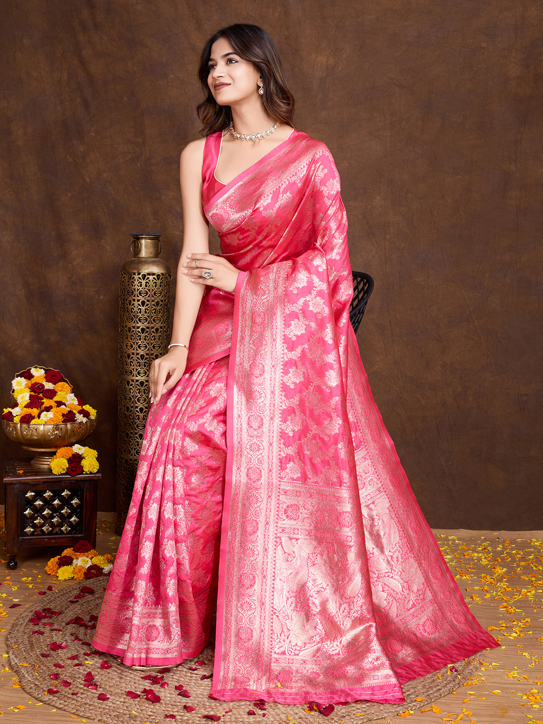 DrapeKatha Rosé Radiance – Woven Bollywood Pure Silk Saree